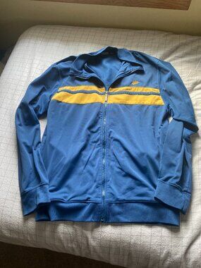 Retro Vintage Nike Blue With Yellow Stripe Mens Jogger Zip Up Jacket Size Medium